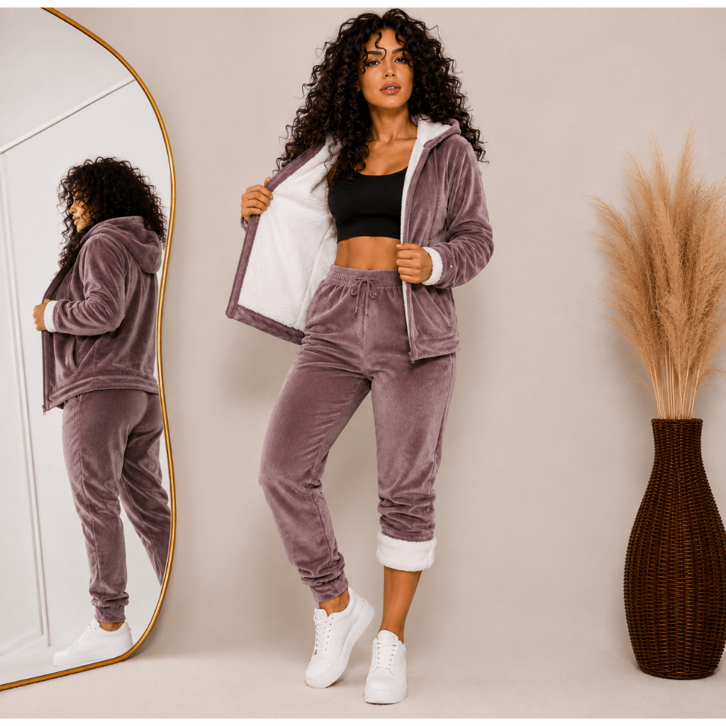 Conjunto Plush Feminino Peluciado Inverno – Casaco com Capuz + Calça | Macio, Quentinho e Confortável