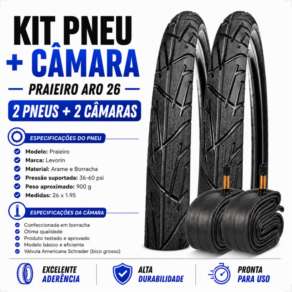 Par Pneu Bike Praieiro Levorin Aro 26x1.95 + 2 Camaras de ar bico grosso shiver