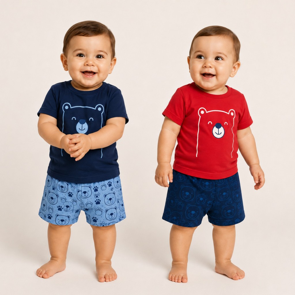 Conjunto Bebê Menino Blusa Algodão + Short Moletinho Estampado P ao G