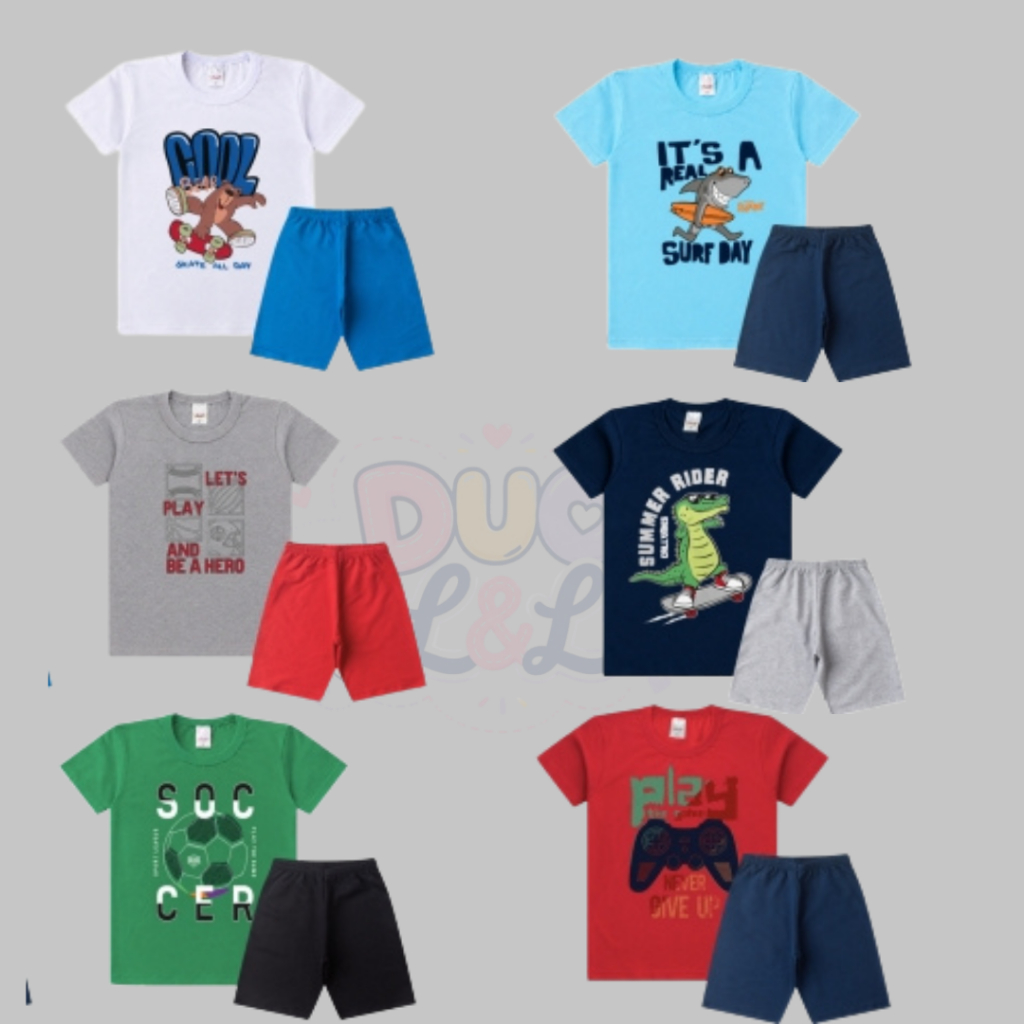 Kit 3 Conjuntos Juvenil Masculino Camiseta Estampada Manga Curta + Bermuda Moletinho 10 ao 16