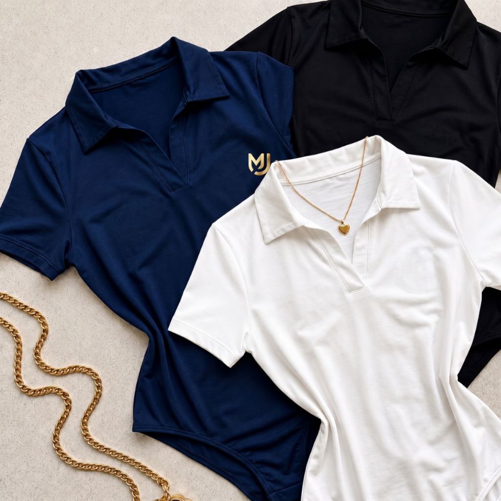 Kit 3 Bodi Polo Feminino Suplex Manga Curta Básico Premium Confortável Ajustado Gola Polo Elegante