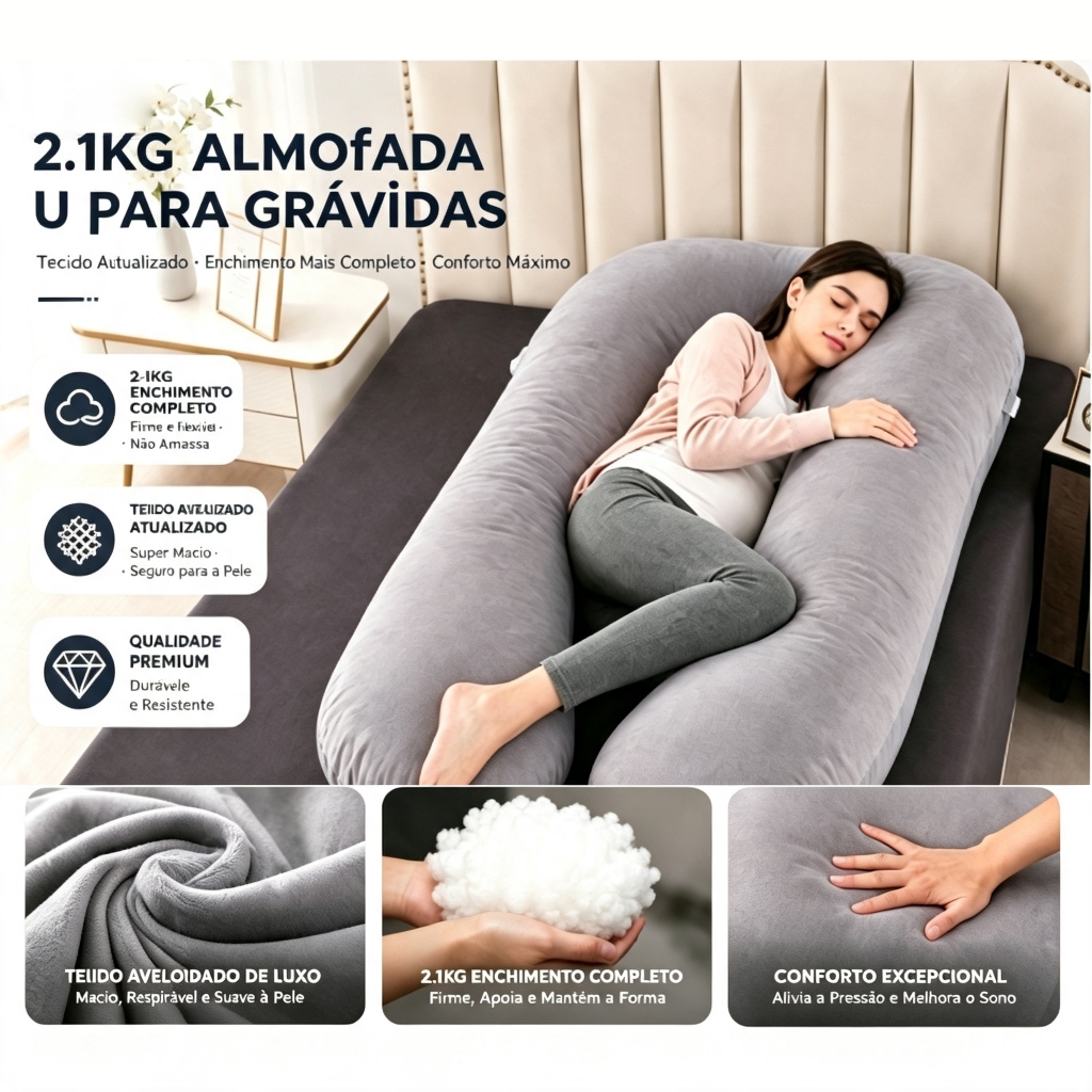 Almofada Gestante Formato U LarBom 130x70cm Travesseiro de Corpo Inteiro Alivia Dor nas Costas e Quadris Multiuso Matern