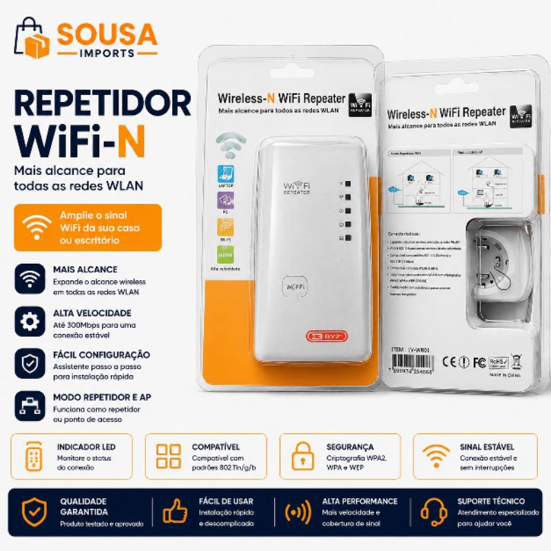 Repetidor de Sinal WiFi Wireless N 300Mbps Amplificador de Rede Modo Repetidor e AP Bivolt