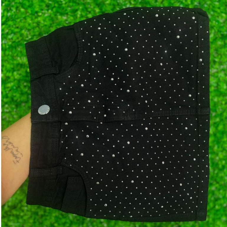 Saia Jeans Feminina Cintura Alta Preta Com Detalhes De Strass e Barra | 100% Algodão - Sem Elastano\verão