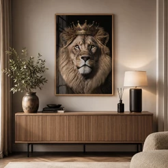 Quadro Leão Rei Motivacional com Moldura Liderança Força Coragem Decoração Sala Escritório
