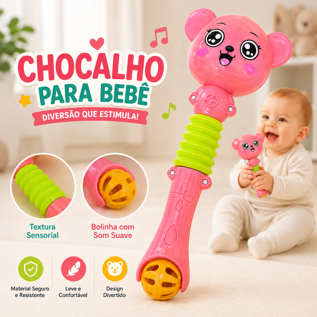 Chocalho para Bebê Ursinho com Som e Textura Sensorial | Brinquedo Educativo Infantil Seguro