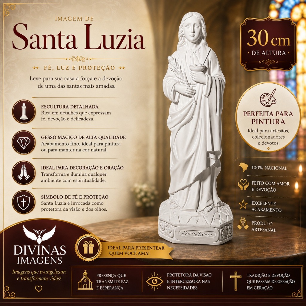Santa Luzia 30cm Gesso Cru Retocado – Padroeira dos Olhos Santa Católica para Pintar e Artesanato