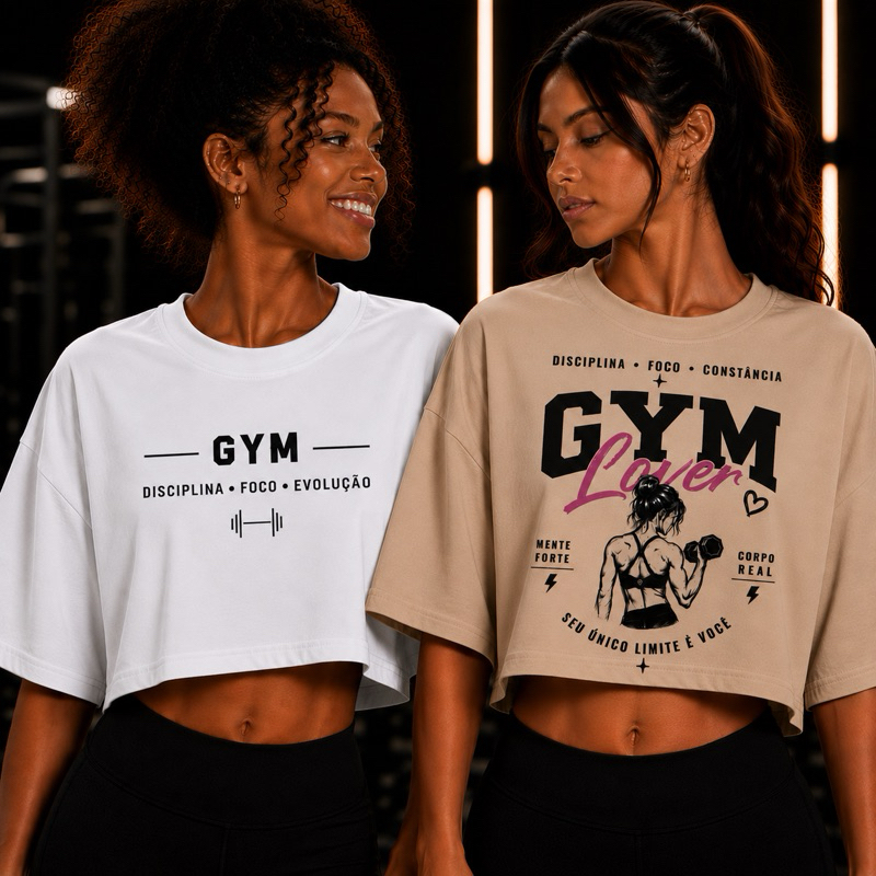 Kit 2 camisetas croppeds oversized feminina estampa academia algodão estilosa DTF alta qualidade macia dia a dia oferta