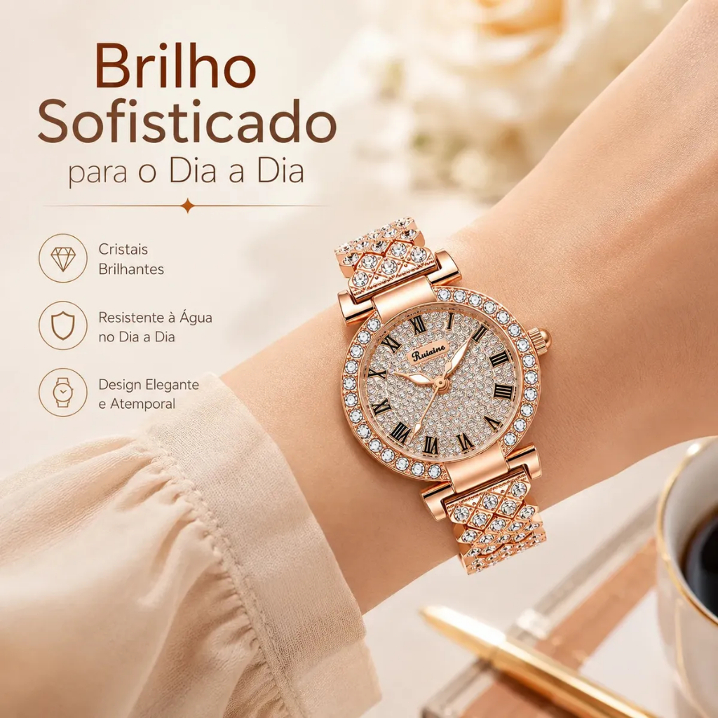 RUIXINE Relógio Feminino Rose Gold Luxo Cristais Brilhantes Algarismos Romanos Quartzo Pulseira Metálica Elegante Vintag — imagem 2 de 2