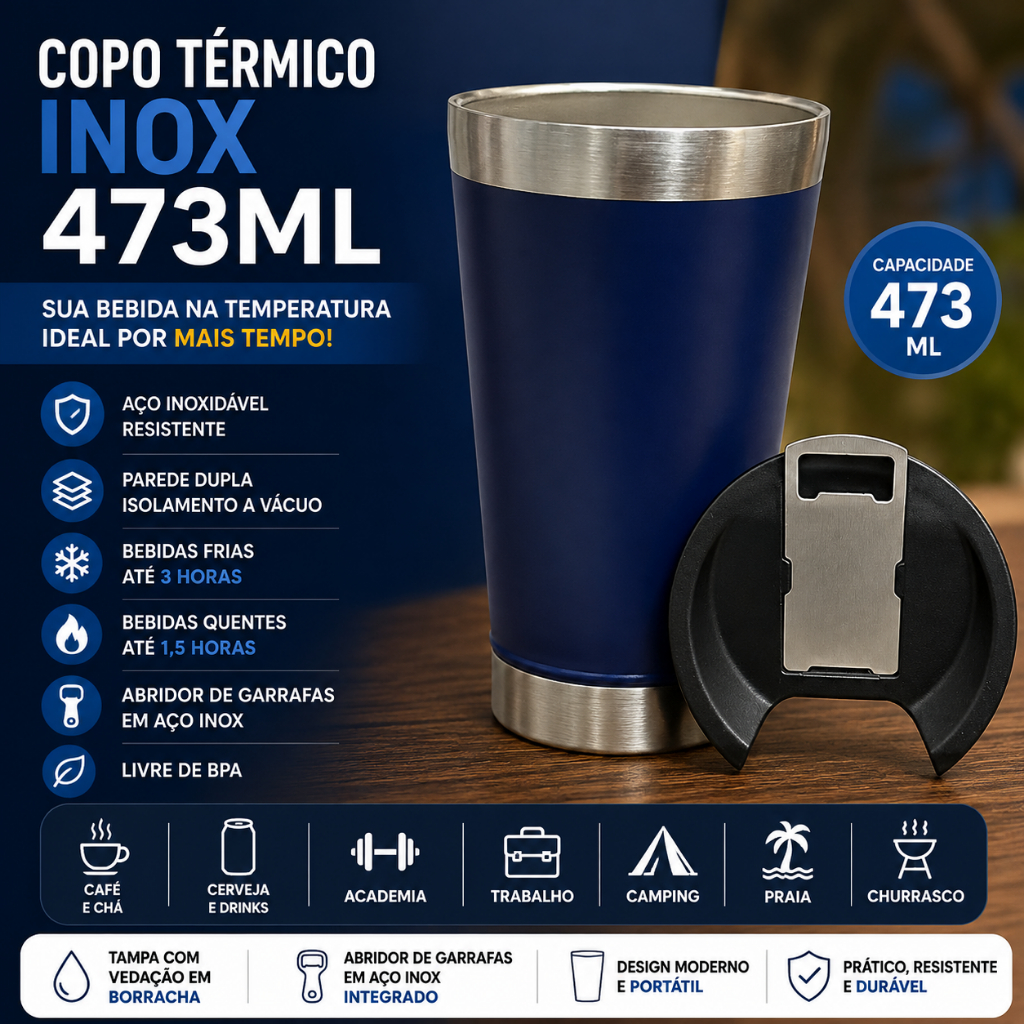 Copo Térmico Inox 473ml com Tampa e Abridor Parede Dupla BPA Free Azul Marinho