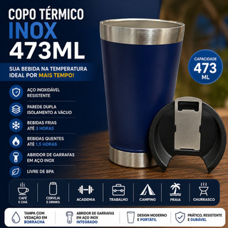 Copo Térmico Inox 473ml com Tampa e Abridor Parede Dupla BPA Free Azul Marinho