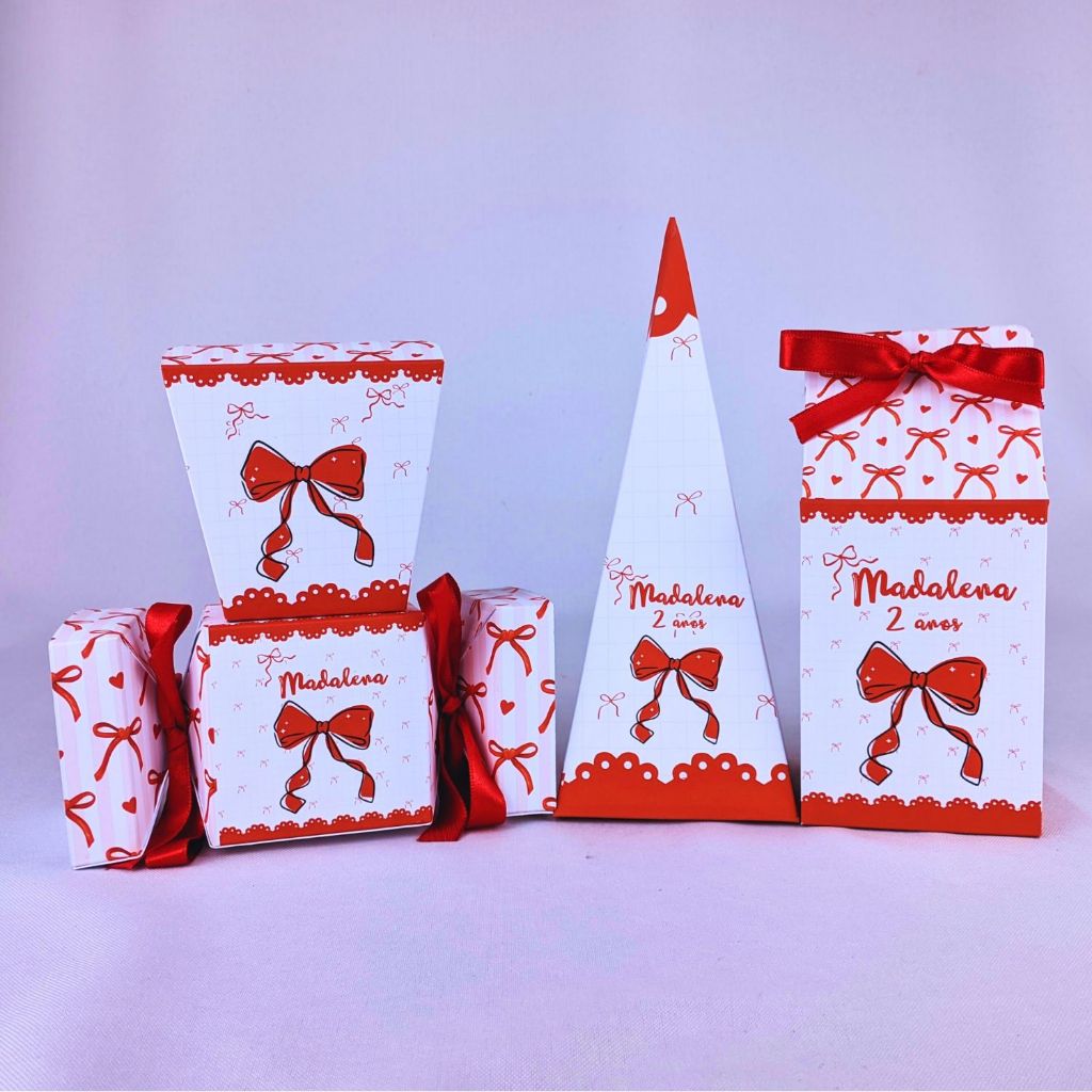 Kit 10 a 45 Caixinhas Personalizadas Lembrancinhas Laço Vermelho Para Festa Aniversario Festinha