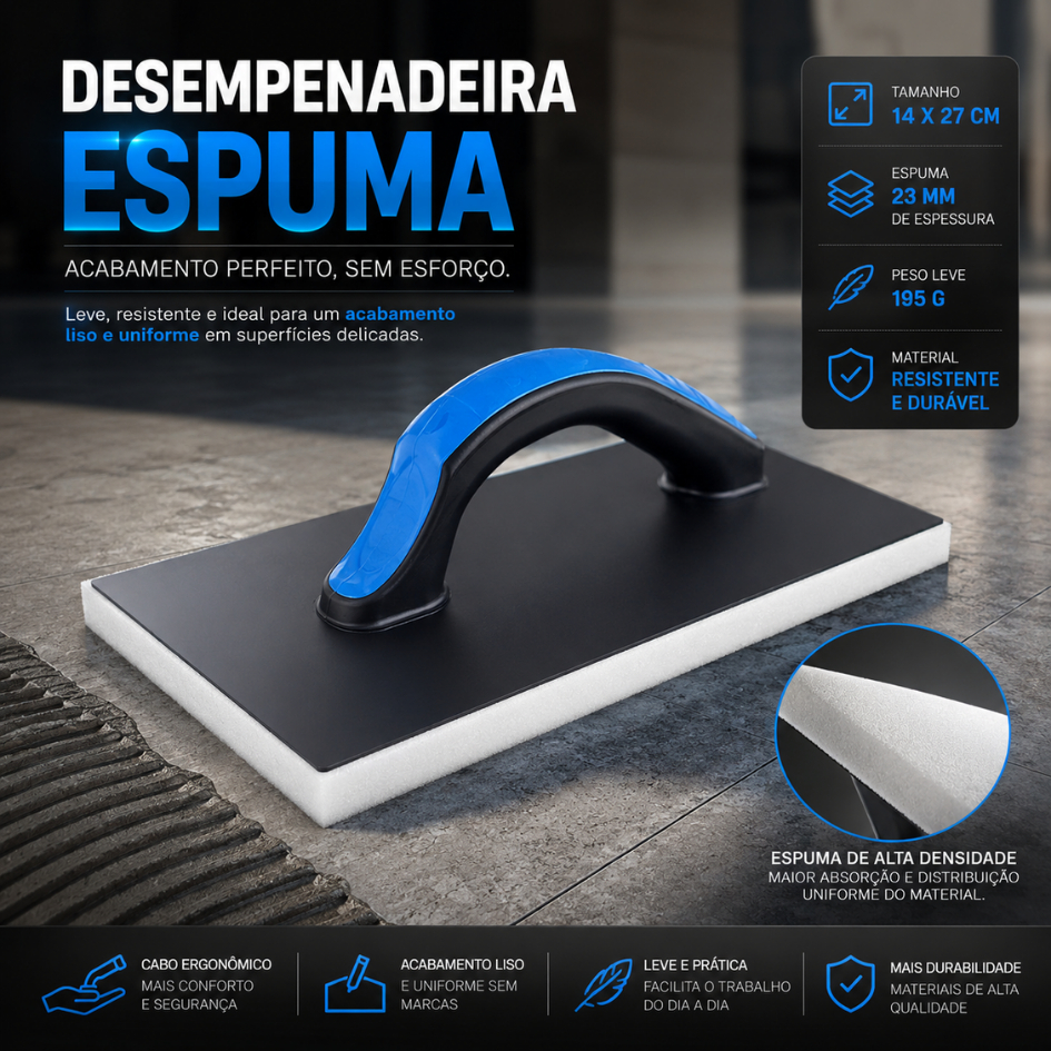 Desempenadeira Com Espuma 14x27cm Plástica Preta Profissional Para Rejunte Limpeza e Acabamento Construção Civil