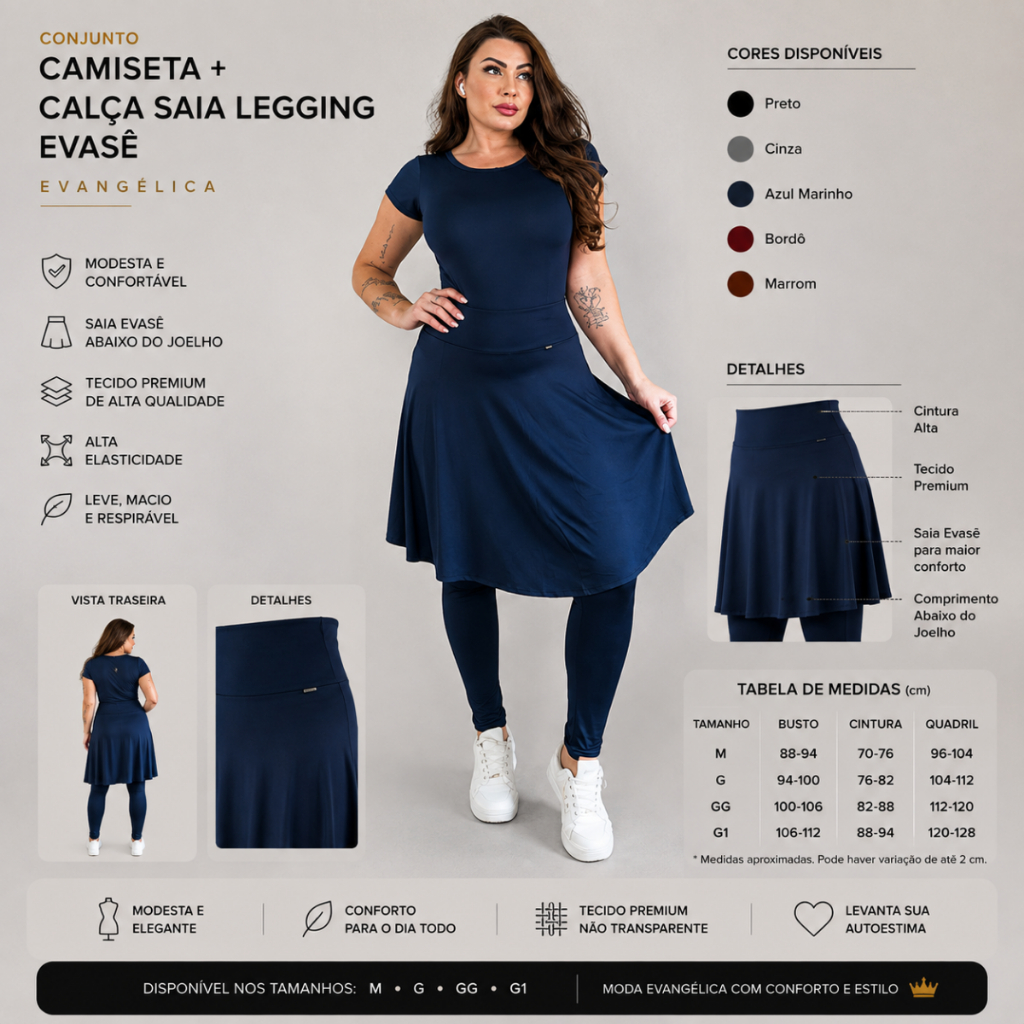 Conjunto Camiseta + Calça Saia Legging Evasê Evangélica Fitness Academia Caminhada Modesta