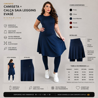 Conjunto Camiseta + Calça Saia Legging Evasê Evangélica Fitness Academia Caminhada Modesta