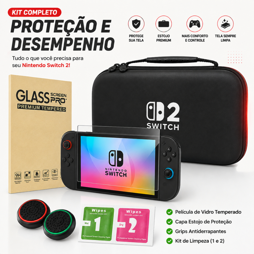 Kit Case com Película e Grips para Nintendo Switch 2 Capa Capinha