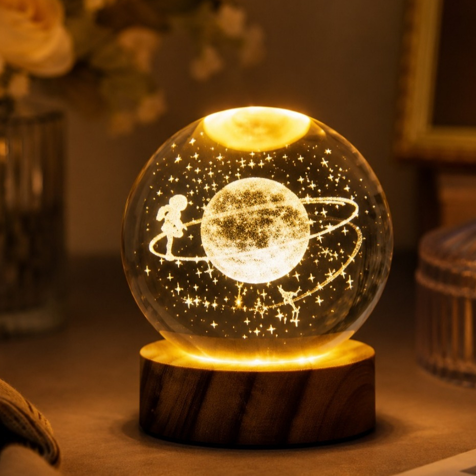 Luminária De Mesa LED Bola Cristal Globo 3D Luz Quente Com Cabo USB Decorativa