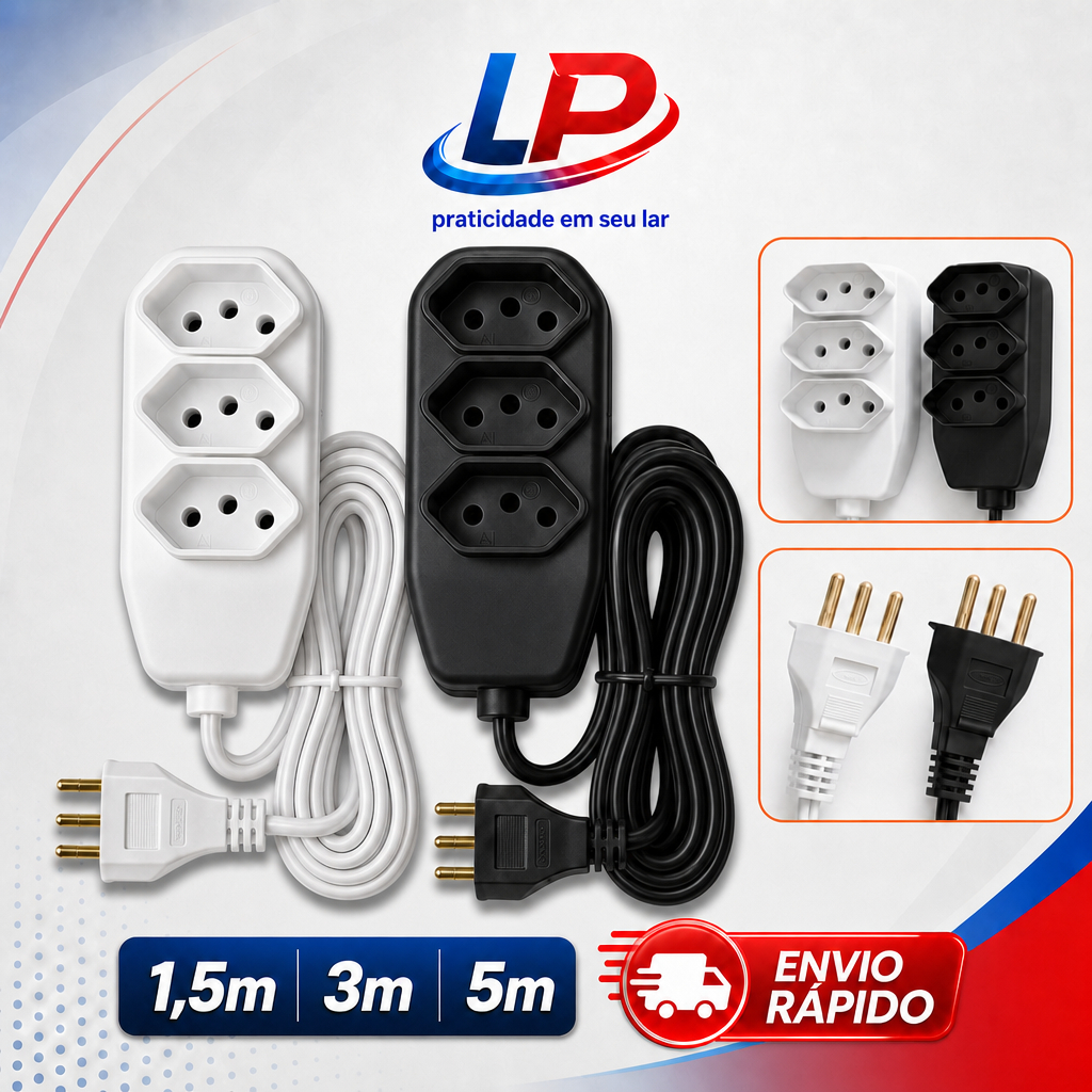 Extensão Elétrica 3 Tomadas Branco ou Preto cabo PP 2P+T Fio Reforçado Tripolar Bivolt 10A  - Energia e Eletricidade