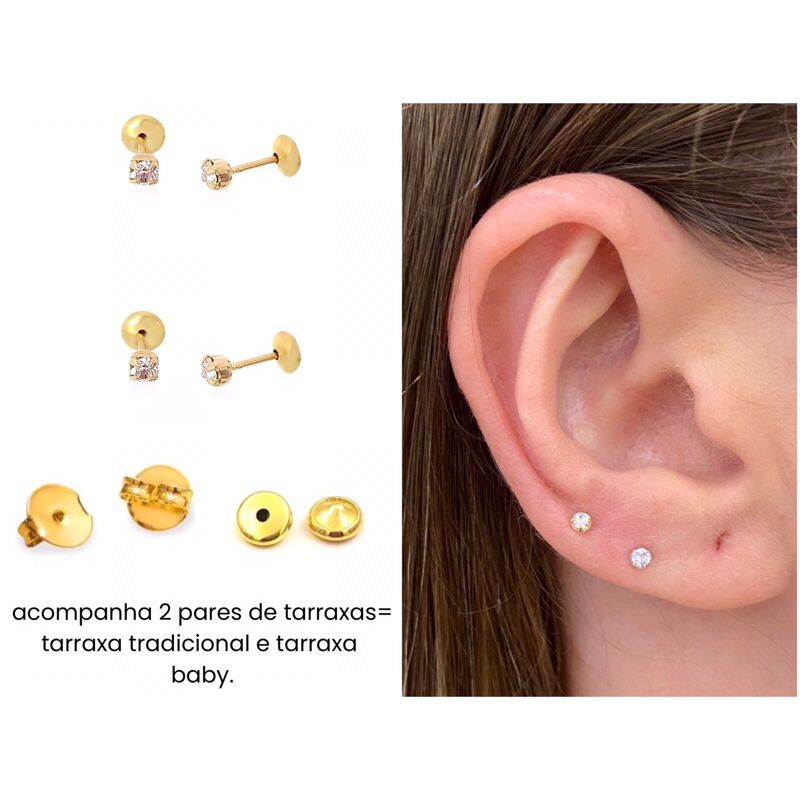 kit 2 pares mini brincos 2mm infantil ponto de luz tarraxa baby antialérgico banhado a ouro 18k