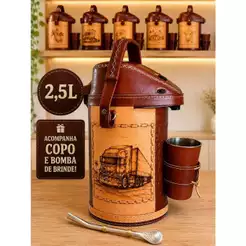 Garrafa Térmica Revestida Em Couro + Copo + Bomba de brinde/ Garrafa Inox 2,5 Lt