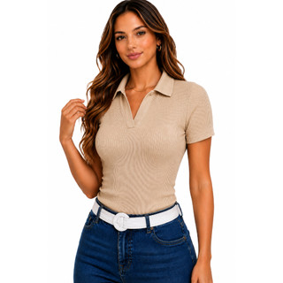 Blusa Polo Feminina Ribana Canelada Gola V Sem Botão Ajustada Moda Casual Elegante…