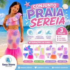 Conjunto Sereia Infantil 3 Peças Biquíni + Saia Cauda Com Brilho Moda Praia Menina Piscina