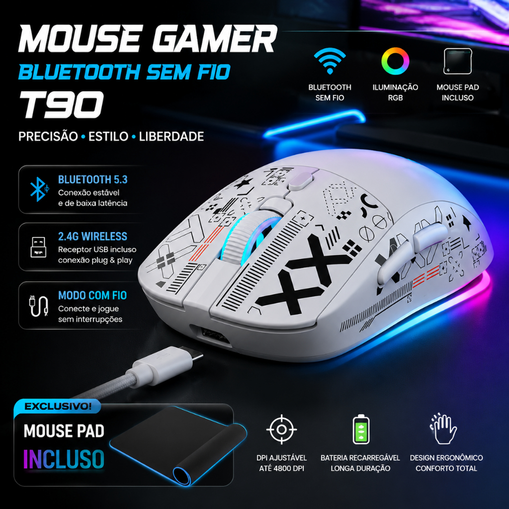 Mouse Gamer Sem Fio RGB T90 Bluetooth 5.3 + 2.4GHz Recarregável Com Mousepad Incluso PC Notebook
