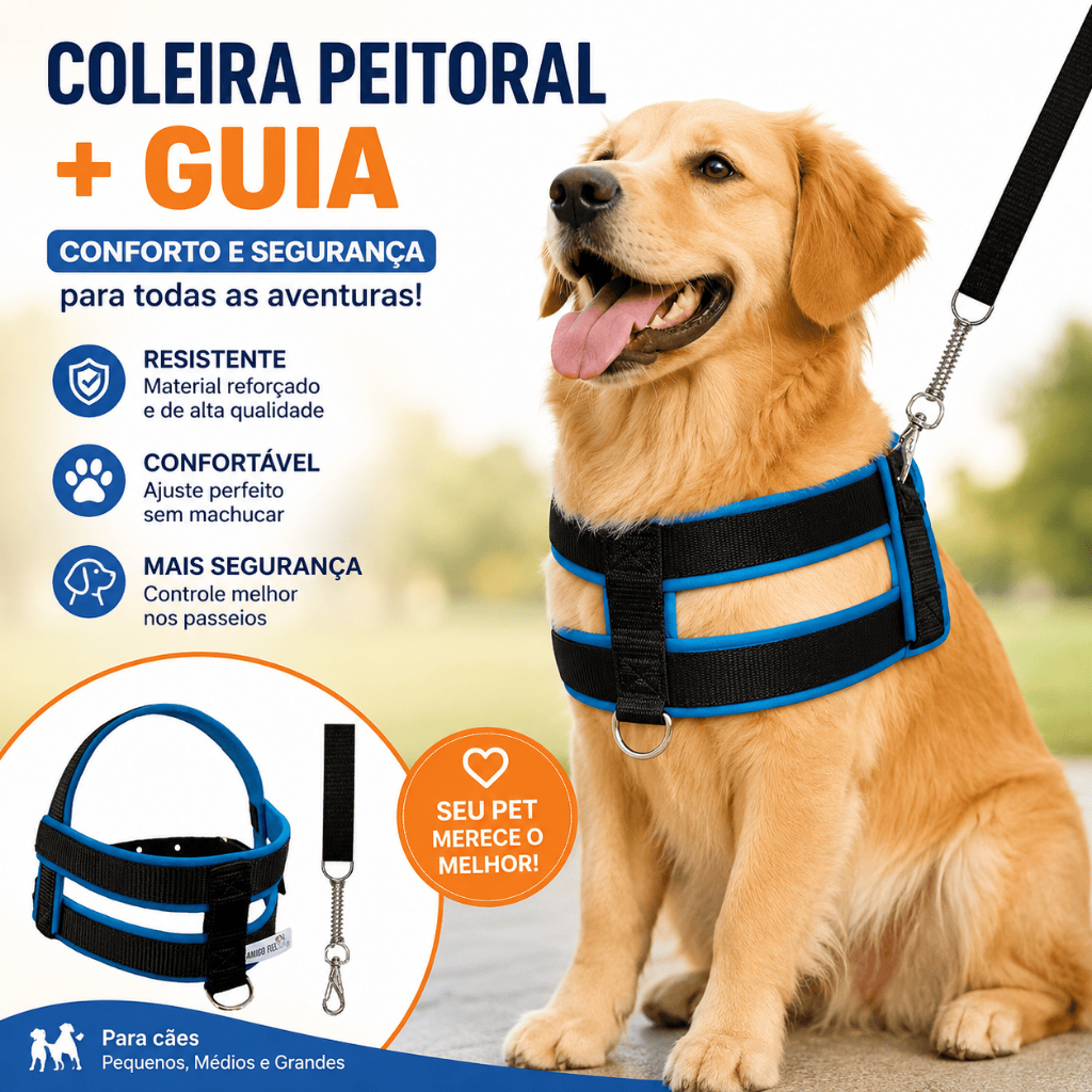 Coleira Peitoral Cachorro Conjunto De Guia + Coleira Tipo Peitoral Para Pet Pequeno Médio e Grande
