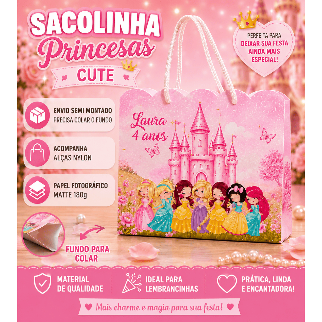 Sacolinhas Personalizada Festa Princesas cute- Princesas- Sacolinhas surpresa- Sacolas- Anivérsário-Lembrancinhas- Mimos