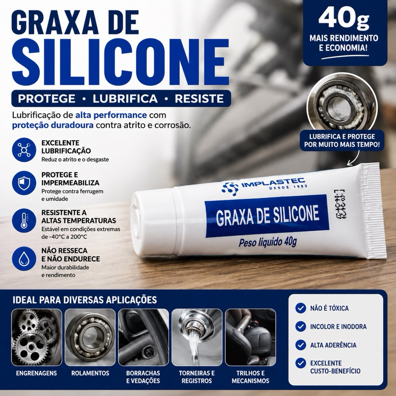 Graxa de Silicone 40g Implastec Bisnaga Lubrificante Protetor Isolante Elétrico Eletrônicos Vedação Borracha