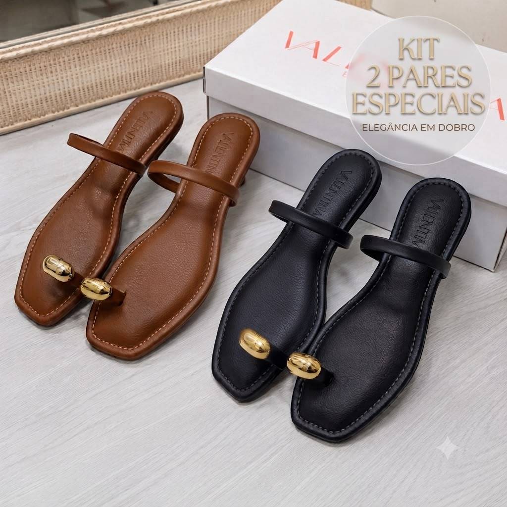 Kit 2 Pares Sandália Rasteirinha Feminina Com Peça Dourada Confortável Elegante Tendência Moda