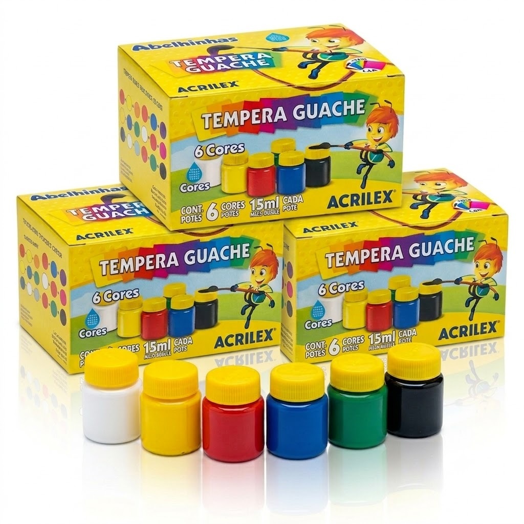 Kit com 3 Tinta Guache Acrilex 6 Cores 15ml Tempera Guache Escolar Original 6 Frascos