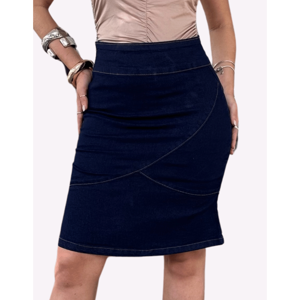 Saia Jeans Feminina Midi Cintura Alta Evangélica Social Com Babado Moda Lycra Modelo Lindo