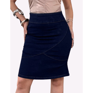Saia Jeans Feminina Midi Cintura Alta Evangélica Social Com Babado Moda Lycra Modelo Lindo