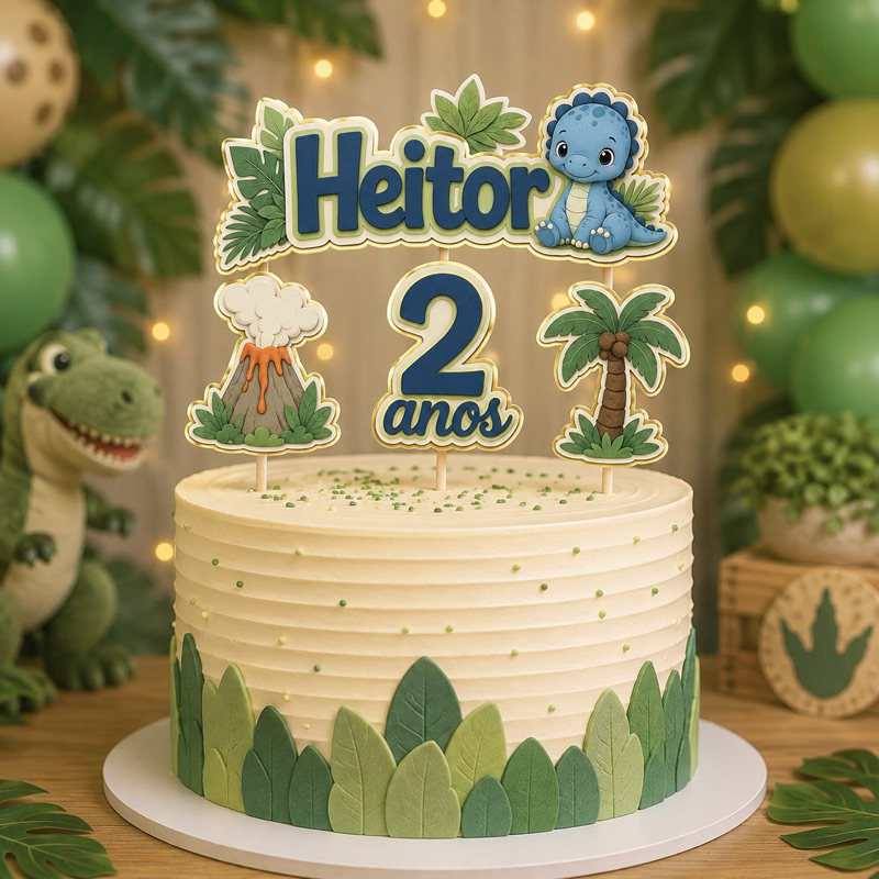 Topo de Bolo Dinossauro Baby Personalizado Nome e Idade 3D Mesversário aniversário Bebê Menina infantil festa criança