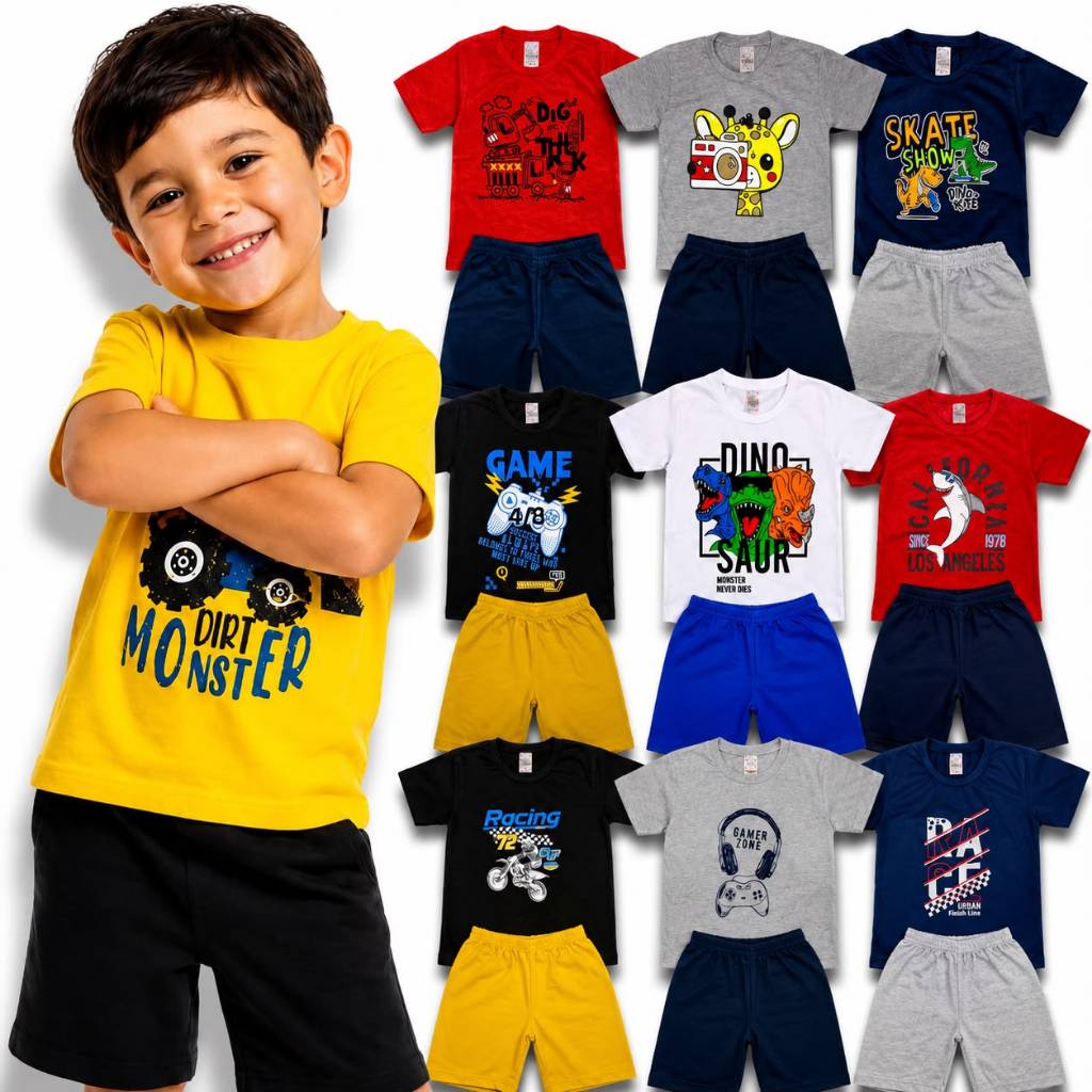 Kit 10 Peças Roupa Infantil Menino Verão Conjunto Infantil 100% Algodão Confortavel Camiseta e Bermuda Escola Dia a Dia