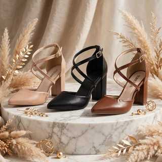Sapato Scarpin Feminino Salto Bloco Alto Grosso 8cm Tira Cruzada Tornozelo Fivela Confortavel Confort Trabalho Festa
