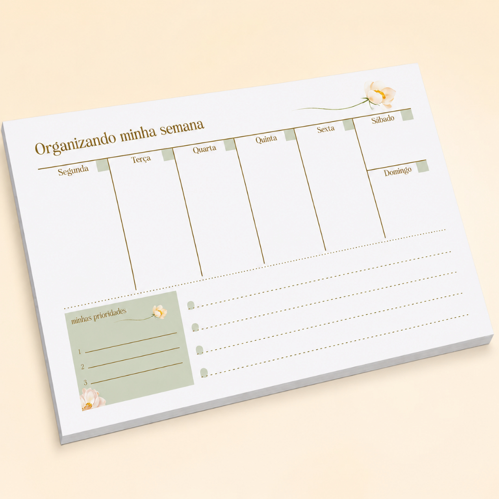 Bloco Planner Semanal de Mesa A4 50 Folhas Destacáveis 90g ou 120g Organizador para Tarefas, Estudos, Trabalho e Metas