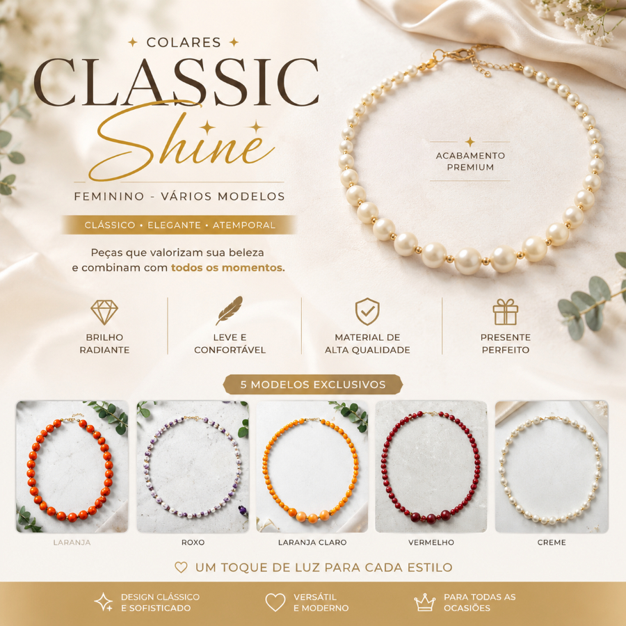 Colar Feminino Pérolas Clássico Elegante | Colar de Pérolas Delicado | Semijoia Feminina | Vários Modelos