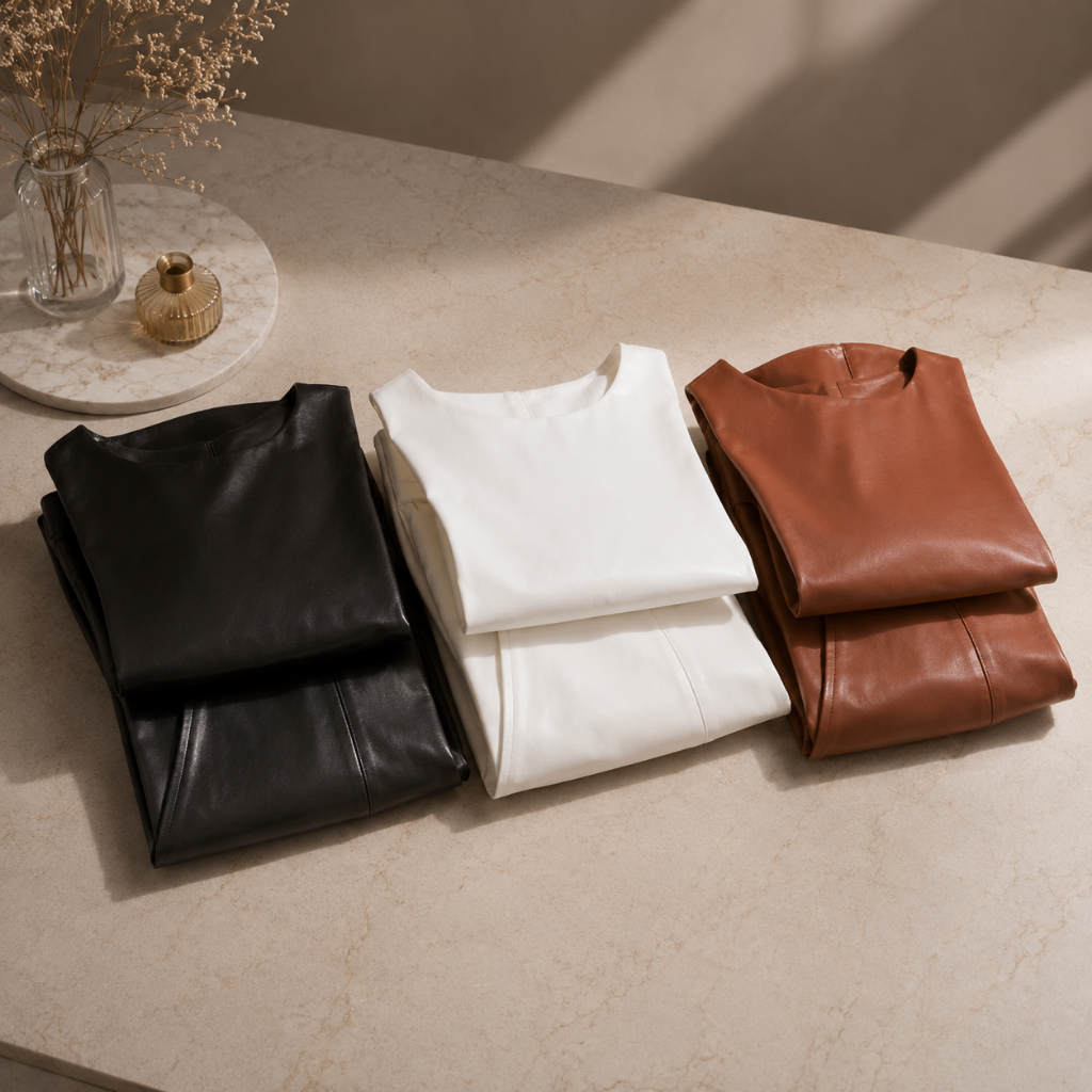 Conjunto Feminino Couro Fake Calça Pantalona Cintura Alta Blusa Regata com Bolsos Elegante — imagem 2 de 2