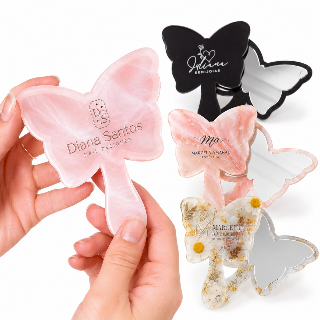 Kit 10 Espelhos de Bolsa Borboleta Personalizado com Logo Acrílico Cabo Brinde Manicure Nail Designer