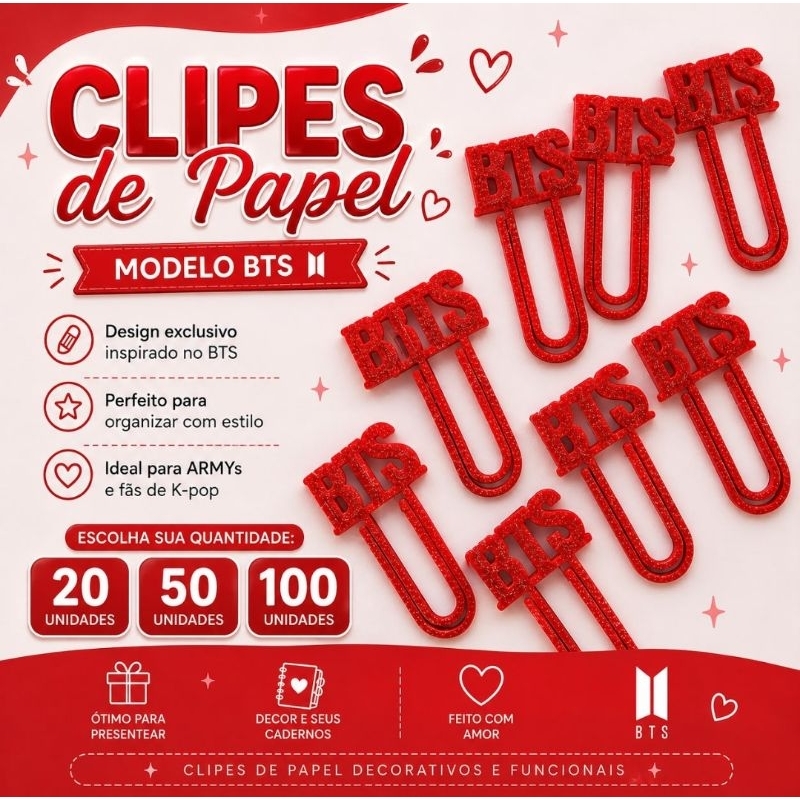 Clips de papel BTS | 20 50 e 100 | Marcador de página | Kit papelaria 3d | Papelaria k-pop | Kit marcador de página