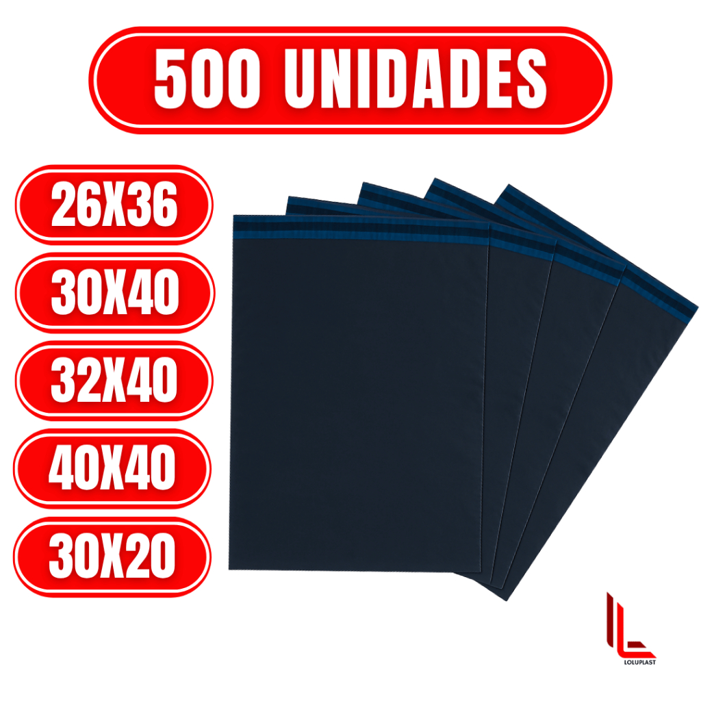 Kit 500 Envelopes de Segurança Plástico Inviolável Aba Adesiva Preto 26x36 30x40 32x40 40x40 30x20