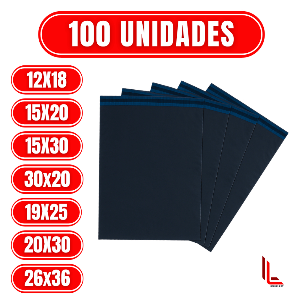 Kit 100 Envelopes de Segurança Plástico Preto Aba Adesiva 12x18 15x20 15x30 19x25 20x30 26x36 30x20