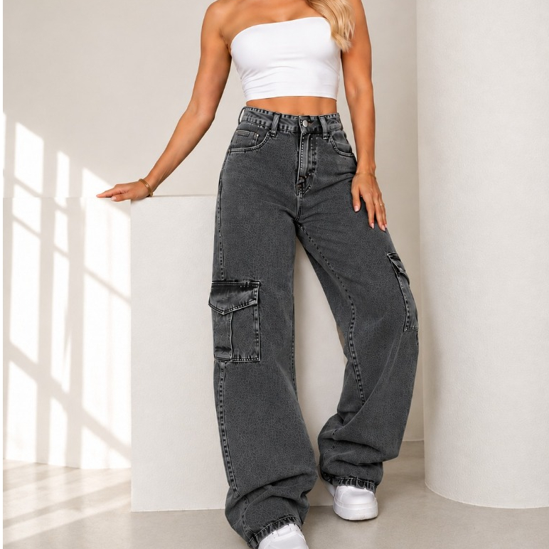 WIDE LEG JEANS CARGO CALÇA FEMININA LUXO