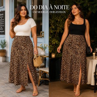 Saia Longa Feminina Animal Print Cintura Alta Plus Size GG G1 G2 G3 Oncinha Zebra
