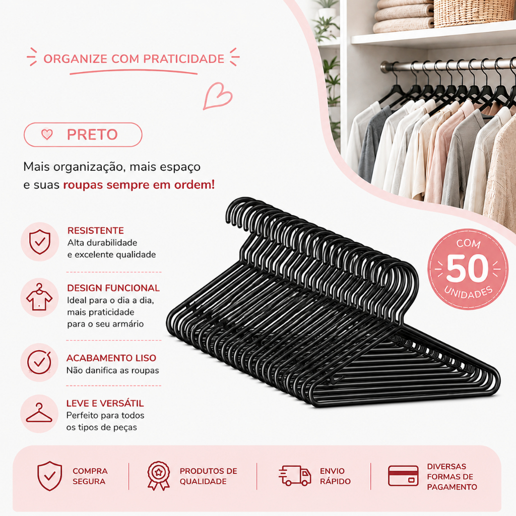Kit 50 Cabides Redondos Preto Adulto Envio Imediato