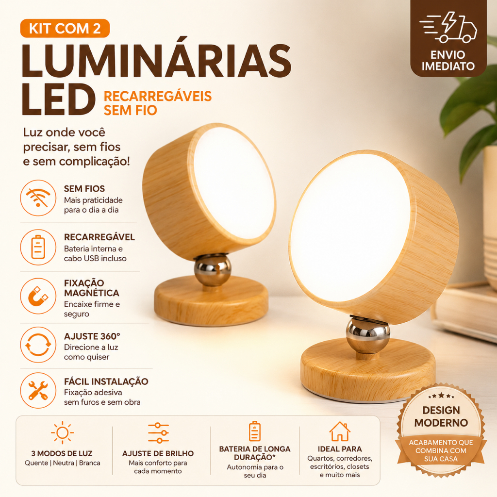 Kit com 2 Luminárias de Cabeceira Led sem fio Recarregável magnética 360 arandela parede luz de leitura quarto