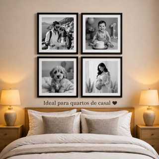 Kit 4 Quadros Personalizados com Suas Fotos – Preto e Branco Decorativo Sala Quarto