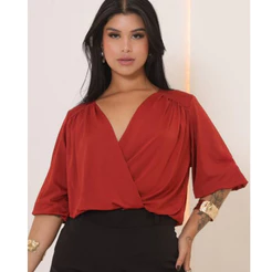Blusa Femenina Transpassada com Decote V Manga 3/4